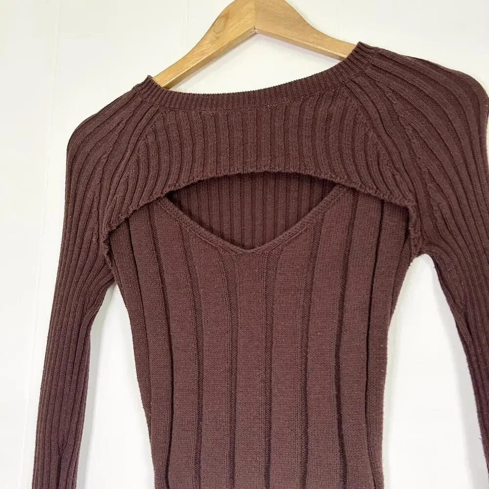 Aeropostale Brown Ribbed Open Front Keyhole Long Sleeve Crop Top Women's Small